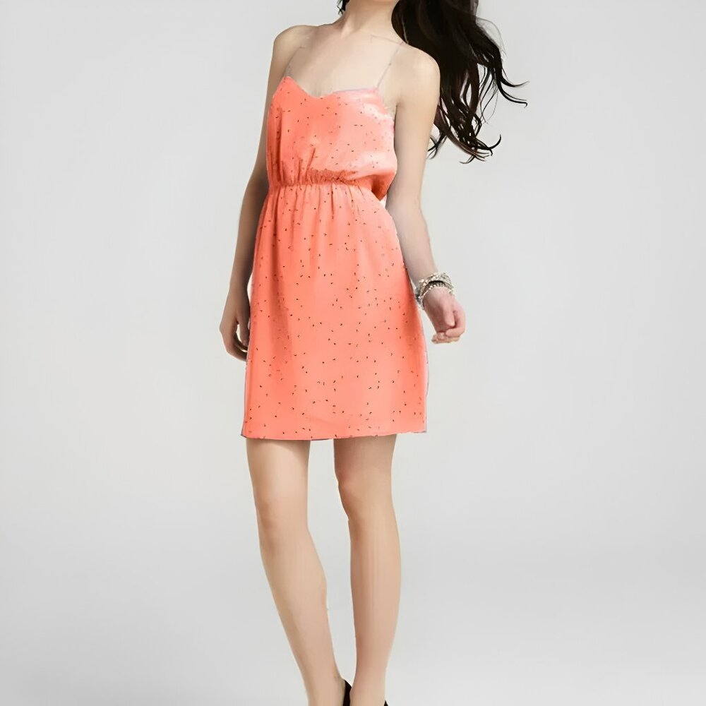 NWT Tibi Coral Peach Orange White Bird Dot Airy Silk Summer Tank Slip Dress L 10